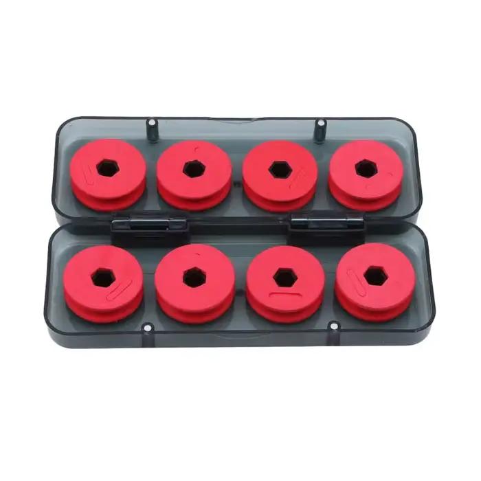 Boîte de rangement pour pêche avec bobines et dévidoirs pour lignes principales rouges et accessoires