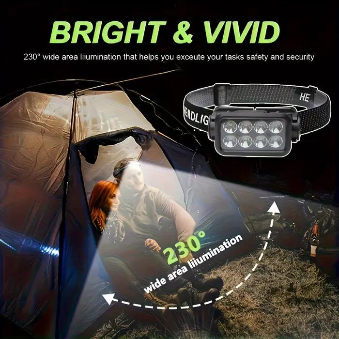 Lampe frontale rechargeable détecteur de mouvement pour pêche nocturne, 8 LEDs ultra-légère et puissante