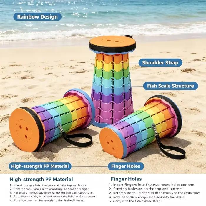 Tabouret pliant télescopique réglable pêche voyage - Siège de rangement plastique arc-en-ciel extérieur