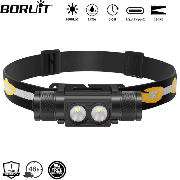 Lampe frontale BORUiT D25 double LED 2000LM étanche Type-C pour pêche et camping - Ultra-puissante