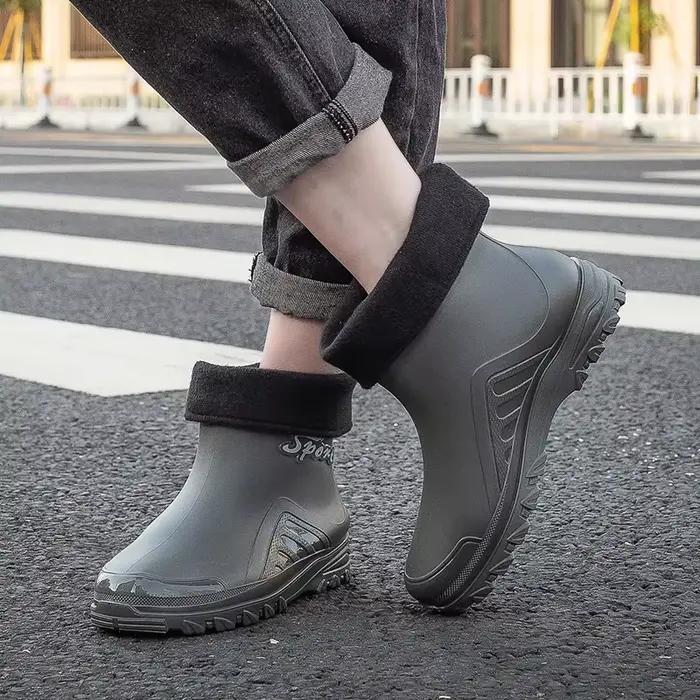 Bottes courtes homme style coréen 2024 doublées polaire - Chaussures de pluie chaudes mode 558
