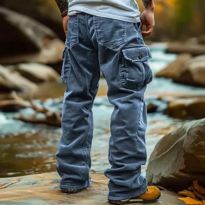 Pantalon velours côtelé cargo homme style rétro multi-poches pour pêche décontractée