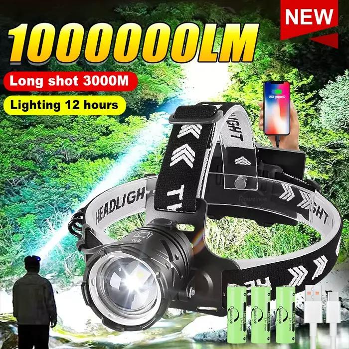 Lampe frontale professionnelle 1000000LM rechargeable 18650 ultra puissante pour pêche en mer et grands lacs