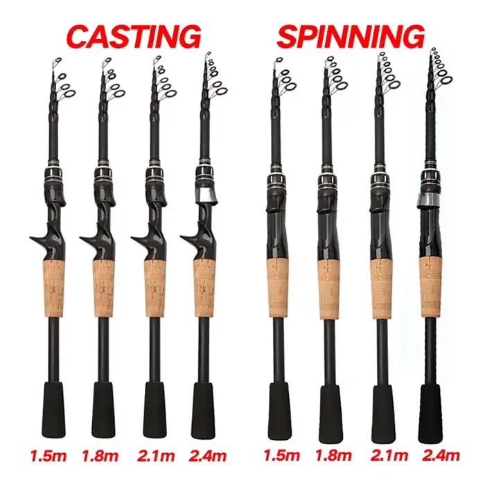 Canne leurre télescopique 1.5M à 2.4M carbone spinning, manche bois, casting 8g-25g, matériel pêche ultraléger