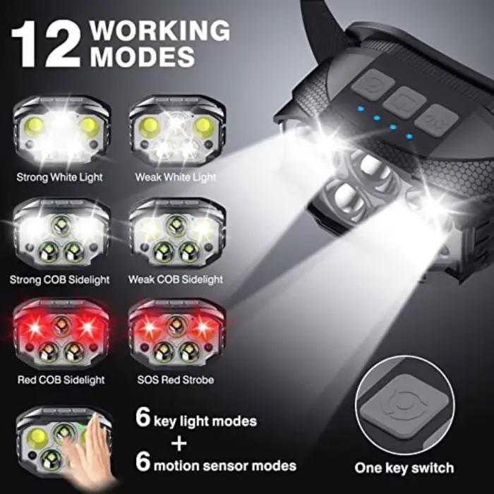 Lampe frontale LED 1200 lumens étanche avec capteur de mouvement rechargeable pour pêche en conditions humides