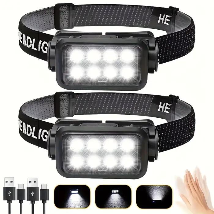 Lampe frontale rechargeable détecteur de mouvement pour pêche nocturne, 8 LEDs ultra-légère et puissante