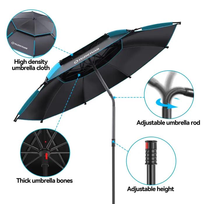 Parapluie de pêche UPF50+ noir colle - Protection 360° ajustable portable avec sac de transport