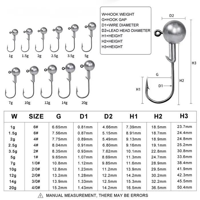 Têtes plombées jig de 1g à 20g pour pêche aux leurres - Hameçons jig pour leurres durs et souples