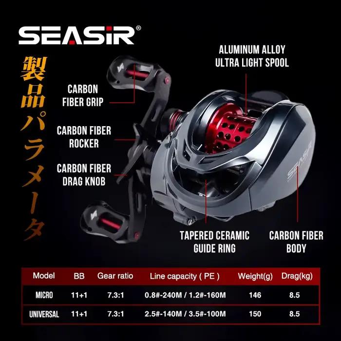Moulinet baitcasting ultraléger Seasir 146g carbone, ratio 7.3:1 et roulements céramique pour pêche en mer