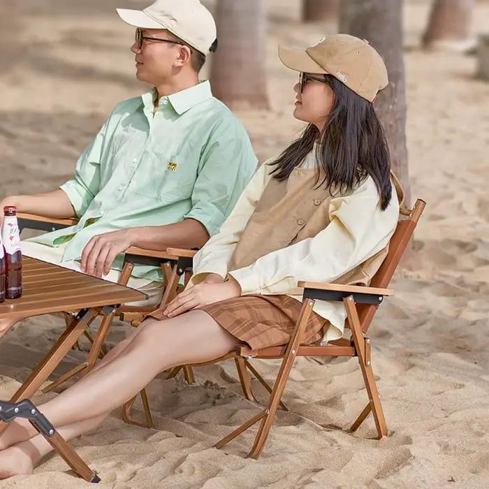 Chaise Hispeed pliante aluminium motif bois - Fauteuil léger pêche randonnée plage camping