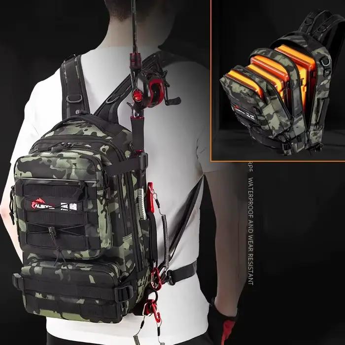 Sac à dos homme rangement leurres pêche avec porte-canne - Équipement pêche, randonnée, camping