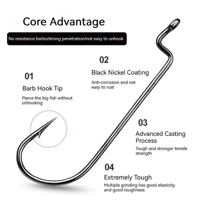 10 hameçons offset pour leurres souples - acier haute carbone pour silure et bass fishing