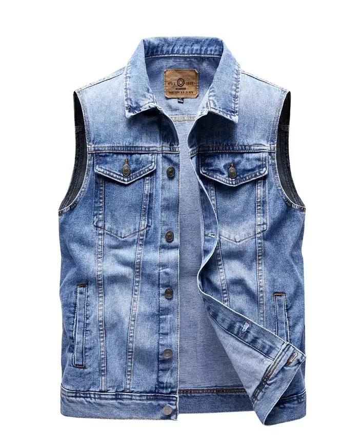 Veste sans manches cargo denim homme à multiples poches, délavée, pour la pêche et loisirs