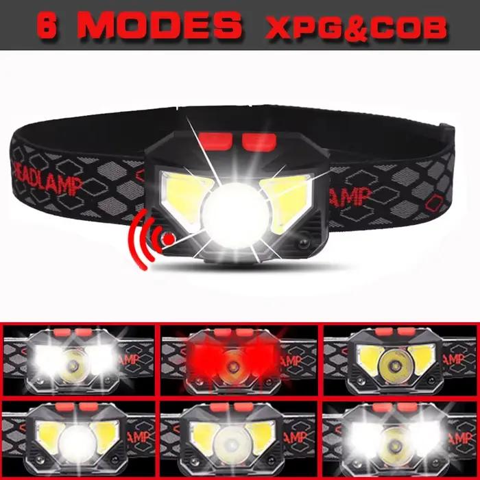 Lampe frontale LED détecteur de mouvement 6 modes - Frontale pêche rechargeable USB étanche XPE+COB