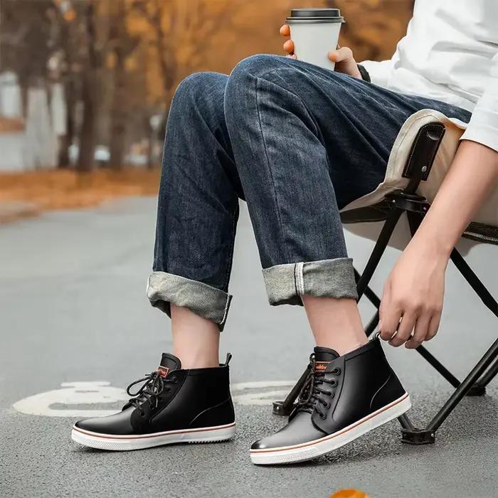 Bottes de pluie mode lacets homme femme couple imperméables pêche tendance antidérapantes