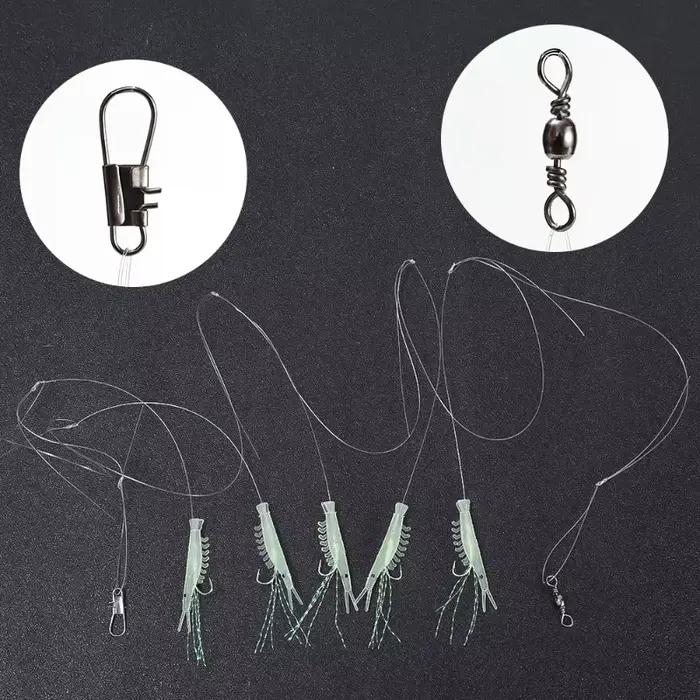 Leurres souples crevettes lumineux 5 pièces - Hameçons barbelés pour maquereau et morue - Pêche en mer