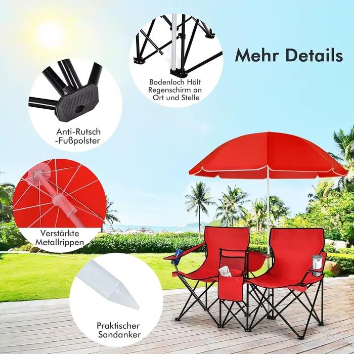 Siège pêche 2 places avec parasol glacière et porte-gobelet pliant pour camping plage