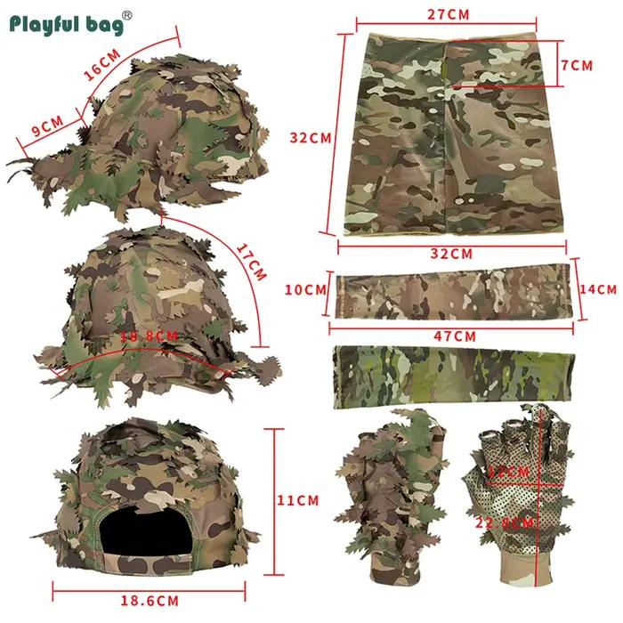 Ensemble de camouflage homme avec casquette feuilles, gants tactiques, manches soie glacée et masque demi-visage pour chasse, photographie et exploration de la nature