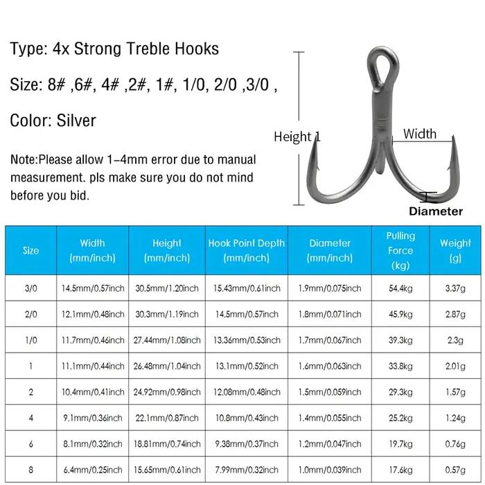 Hameçons triples 10pcs tailles 8 à 3/0 pour gros poissons truite saumon thon pêche sportive mer