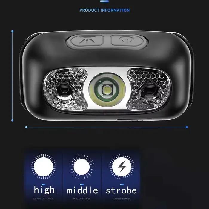 Lampe frontale 500 lumens rechargeable USB avec détecteur de mouvement et infrarouge pour pêche running
