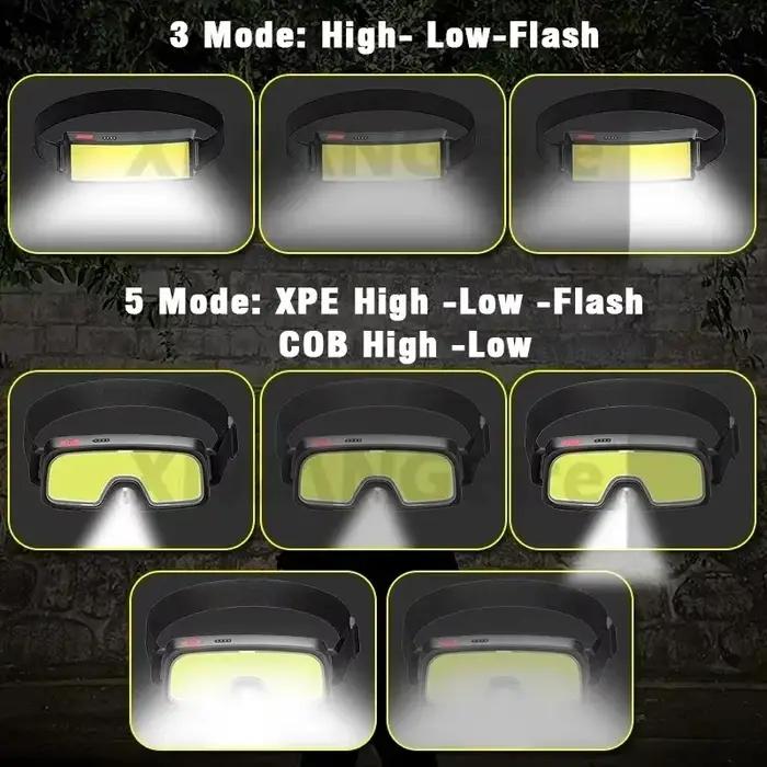 Lampe frontale LED COB puissante rechargeable Type-C intégrée étanche pour pêche camping randonnée