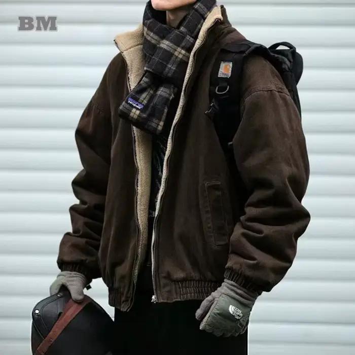 Veste polaire vintage japonaise homme épaisse hiver pêche streetwear loose couple tendance