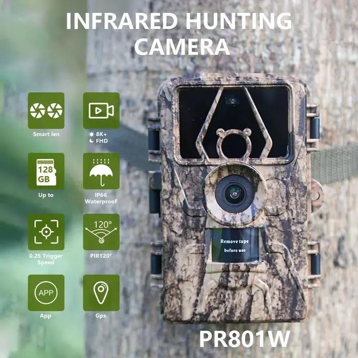Caméra de chasse 8K WiFi PR801W 60MP étanche vision nocturne surveillance ferme application mobile