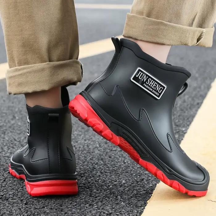 Bottes de pluie courtes homme noir et rouge imperméables antidérapantes pour pêche et activités extérieures