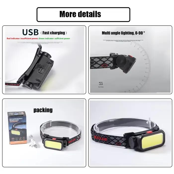 Lampe frontale COB LED rechargeable USB 4 modes avec batterie 18650 pour camping et pêche