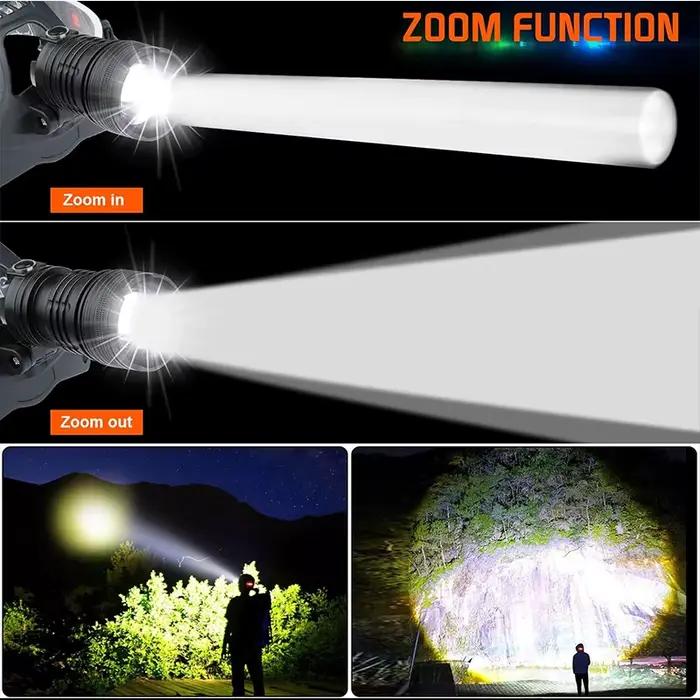 Lampe frontale pêche puissante rechargeable zoomable - Étanche IPX5 - Haute luminosité pour travail précis