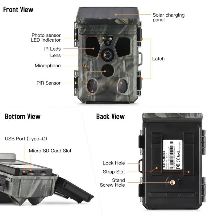 Caméra de chasse 4K 50MP solaire avec angle de détection 120° - Surveillance IP65 étanche