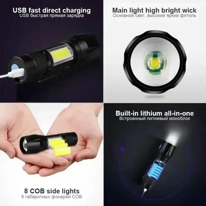 Lampe torche COB+XPE zoomable rechargeable USB pour camping, pêche et urgences longue portée