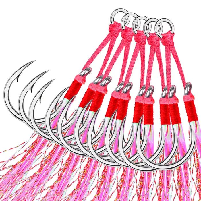 Hameçons assistés doubles barbelés 5 paires avec plumes roses pour pêche au jig accessoires