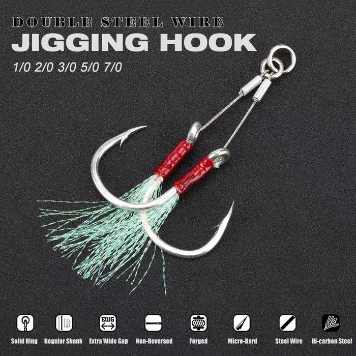 Hameçons doubles à plumes 2 paires pour jigging assisté - Tailles 1/0 à 7/0 pêche mer