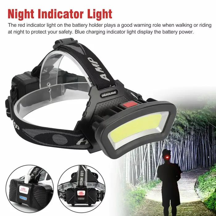 Lampe frontale COB LED angle large rechargeable USB avec indicateur batterie pour pêche