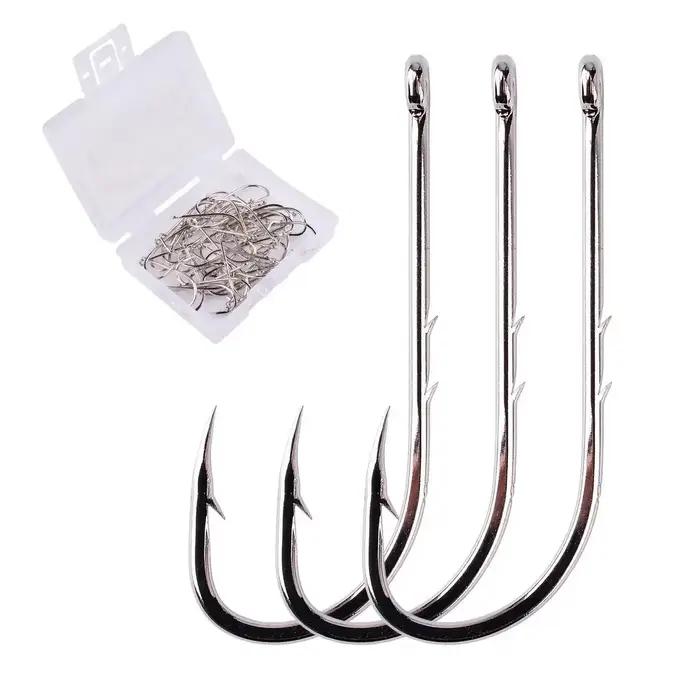 Hameçons longues tiges 50 pièces boîte acier carbone affûtés pour pêche carpe appâts naturels