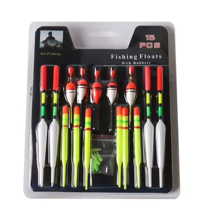 Set 15 flotteurs de pêche verticaux avec élastiques tailles et couleurs variées pour matériel de pêche