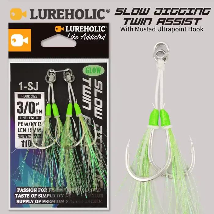 Hameçons Mustad Glow Slow Jigging Twin Assist pour la pêche au dorade en mer