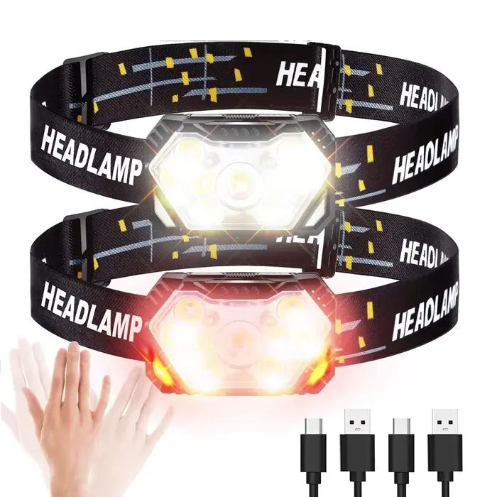 Lampe frontale LED 9 lumières puissantes rechargeable USB détecteur de mouvement pêche camping