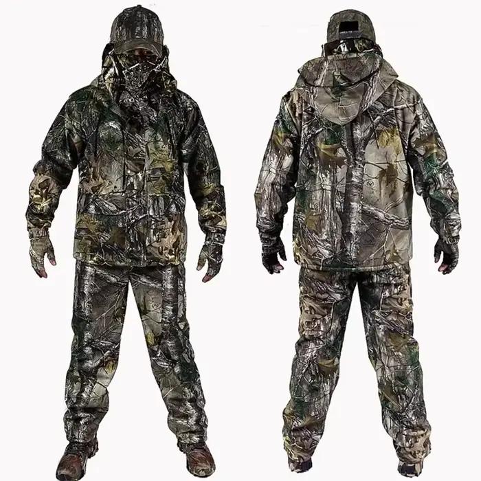 Tenue camouflage bionique 4 pièces hiver pour pêche en eau froide - Veste pantalon gants bonnet
