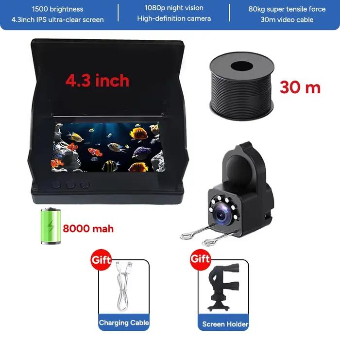 Détecteur poissons vision nocturne 1080P 4.3" portable - Caméra pêche 130° pour eaux profondes bateau