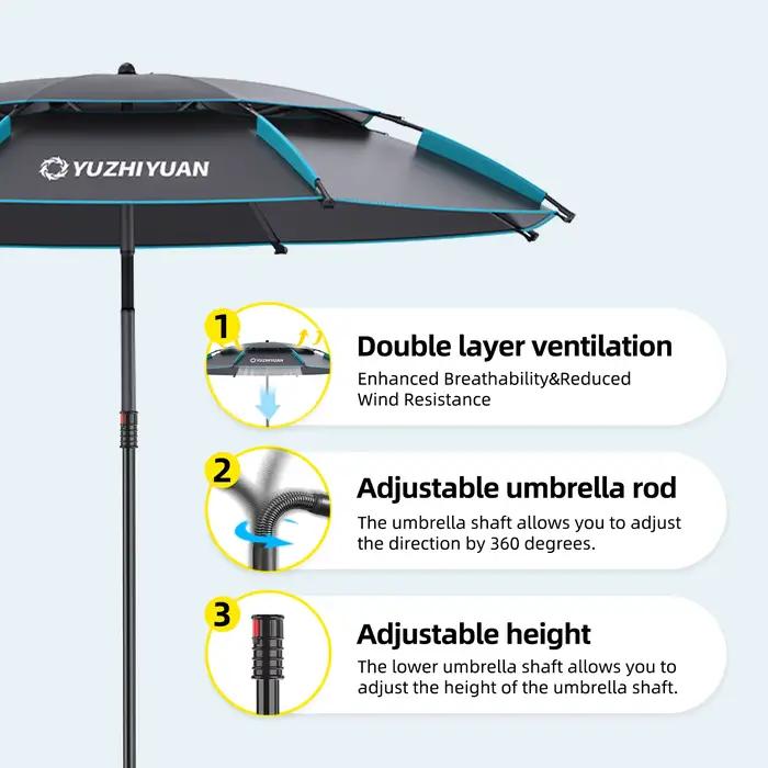 Parapluie de pêche UPF50+ noir colle - Protection 360° ajustable portable avec sac de transport