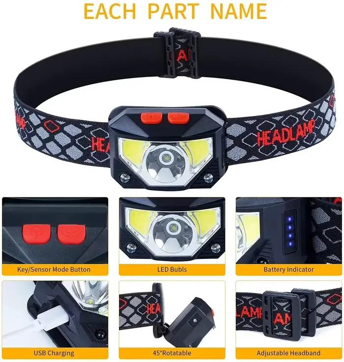Lampe frontale LED pêche rechargeable USB 8 modes capteur de mouvement puissante pour camping