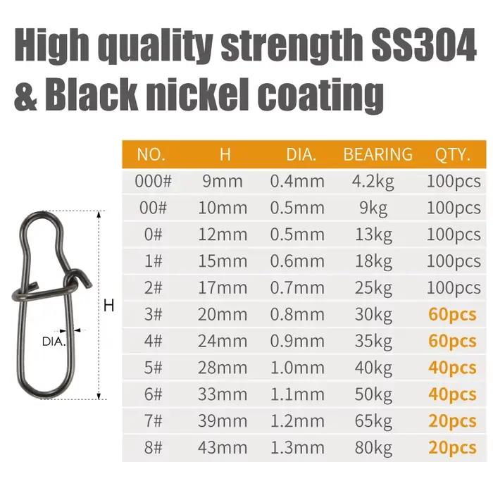 Snap rapide renforcé LUREHOLIC noir nickel SUS304 pour leurres durs et souples pêche 20-100 pièces tailles variées