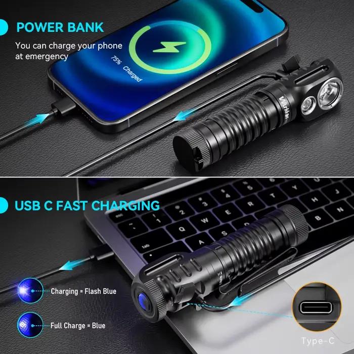 Frontale Wurkkos HD20 double LED 2000lm rechargeable inversée pour pêche professionnelle et EDC