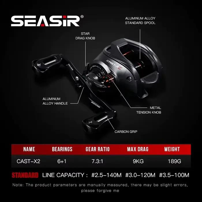 Moulinet baitcasting SEASIR Cast X2 7.3:1 - Roulements céramique hybride, frein N52 pour pêche sportive