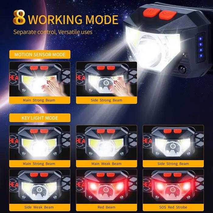 Lampe frontale LED 8 modes avec capteur de mouvement - puissante torche COB étanche pour pêche et camping