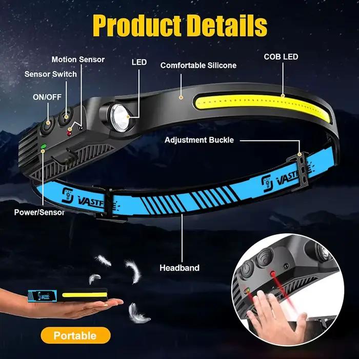 Lampe frontale LED rechargeable USB pour pêche nocturne avec capteur de mouvement et batterie intégrée