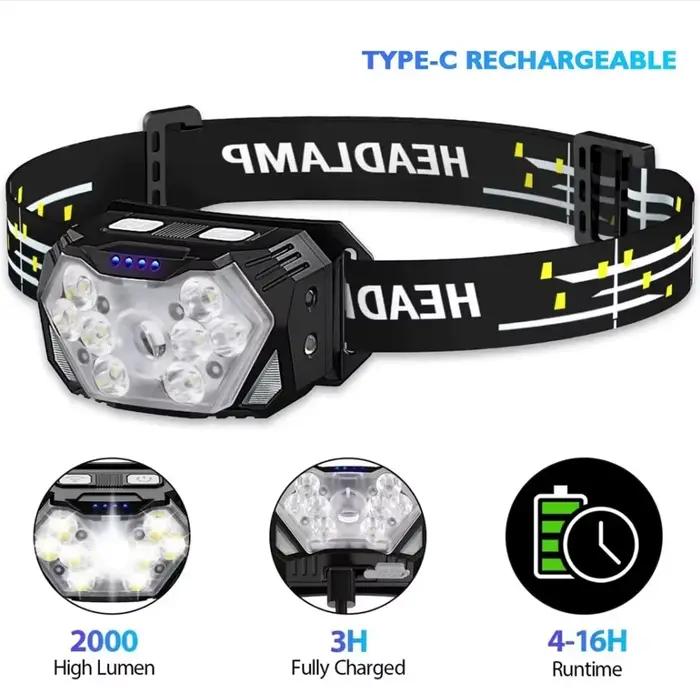 Lampe frontale rechargeable USB avec détecteur de mouvement 9 LED pour pêche camping et travail