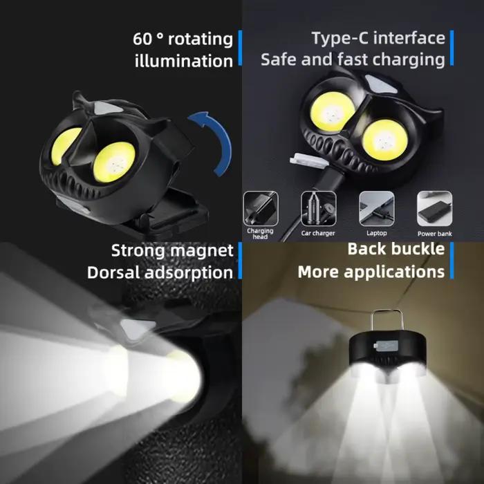 Lampe frontale chouette rotative rechargeable Type-C avec aimant pour pêche et chasse nocturne